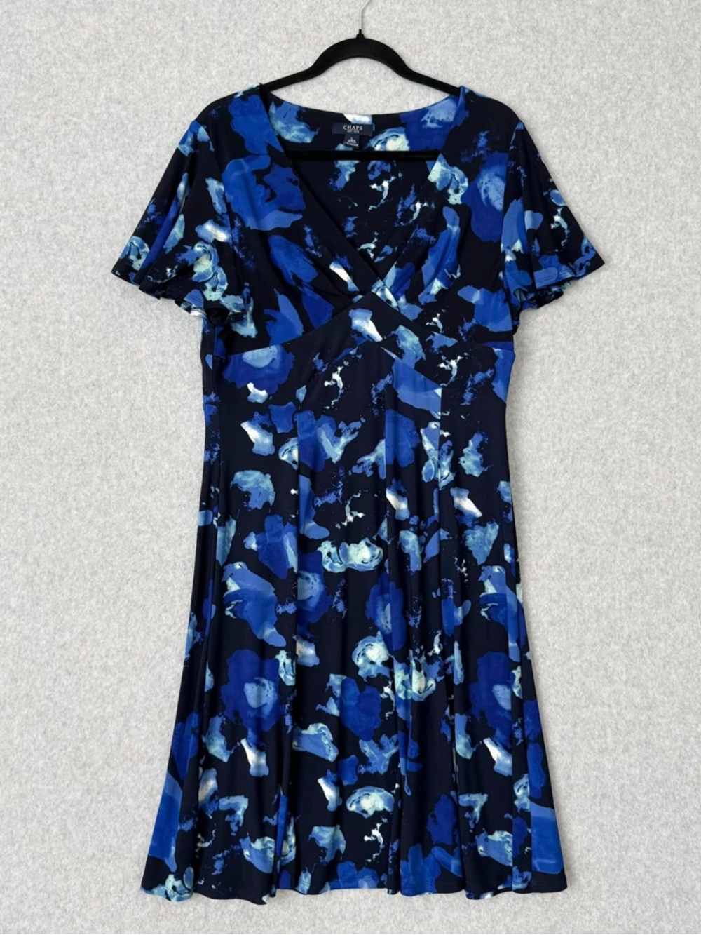Chaps Womens Dress Large Blue Abstract Floral V Neck Midi Stretch Office READ